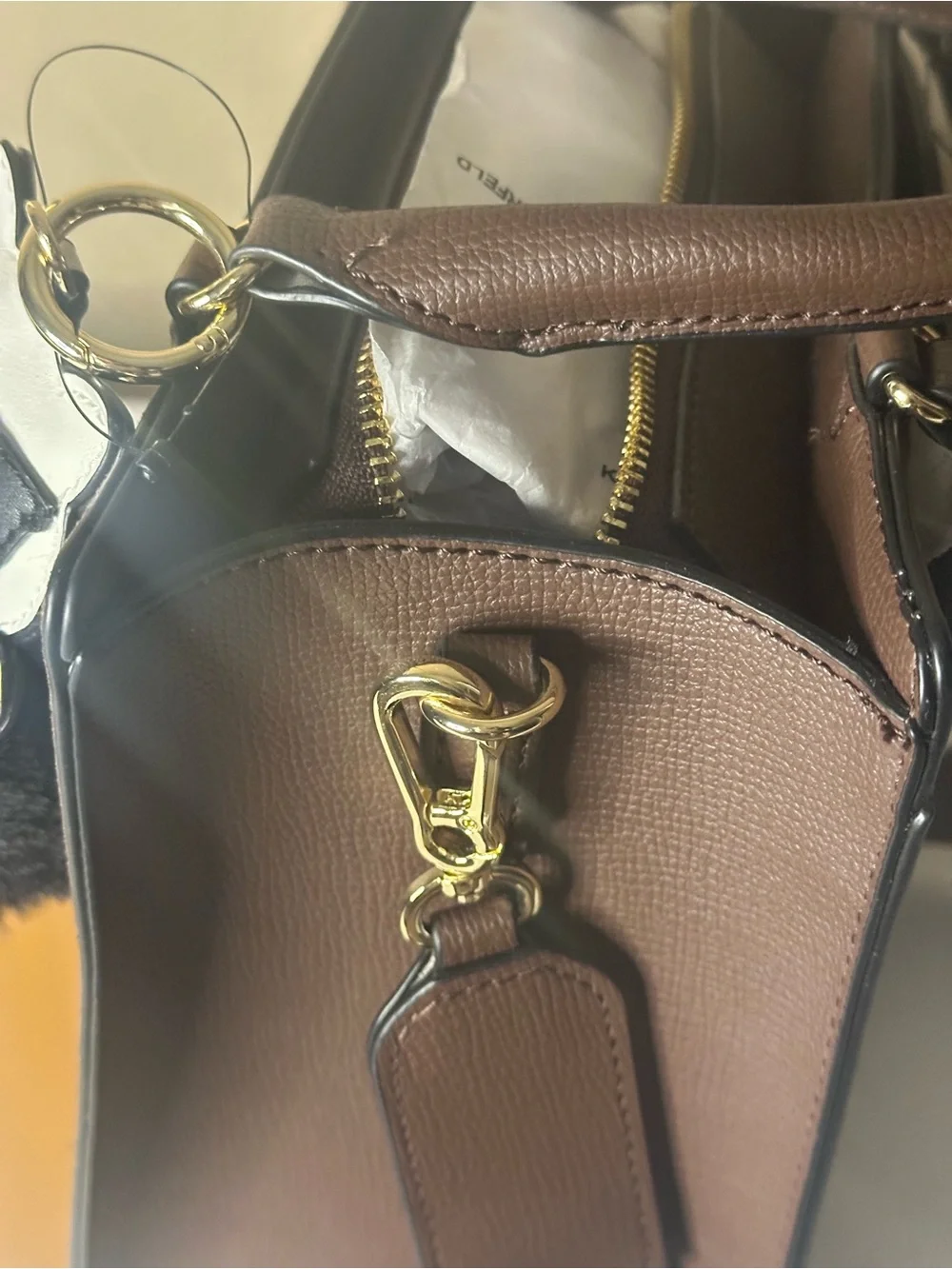 Karl Lagerfeld Brown Suede Top-Handle Satchel with Pom-Pom Charm